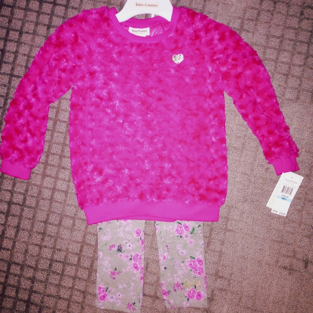 🌈 NEW $70 JUICY COUTURE Girl's Hot Pink Fluffy Pullover Top & Legging SET 5 6